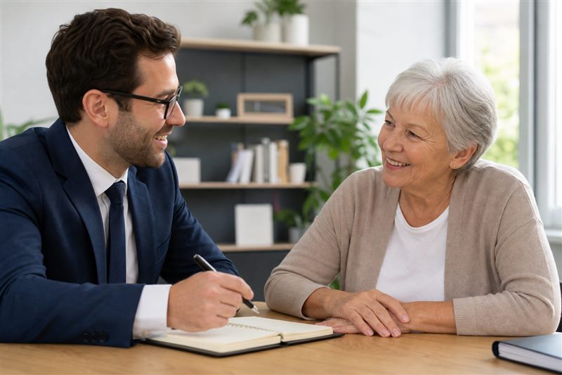 Friendly advisor speaking with a client during a consultation at a bright office table