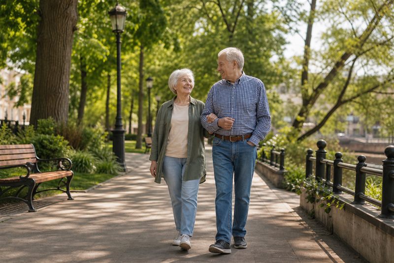 Senior couple enjoying a peaceful walk outdoors in a green park